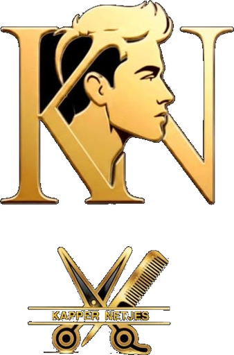 Logo van Kapper Netjes: gouden KN-monogram met schaar en kam